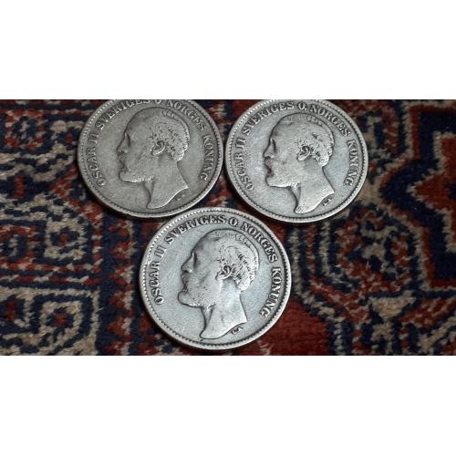 Tre tvåkronor Oscar II: 1876, 1877 & 1878